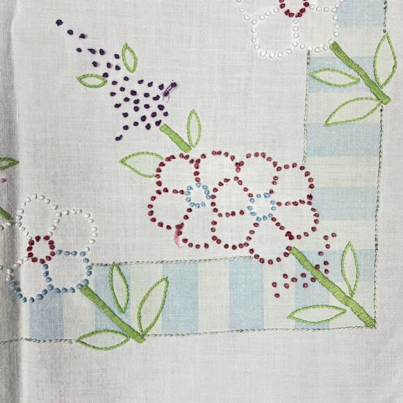2 VTG kitchen Tablecloth Material 33in x 33in Hand Embroidered Flowers 1950s MCM - Picture 5 of 16